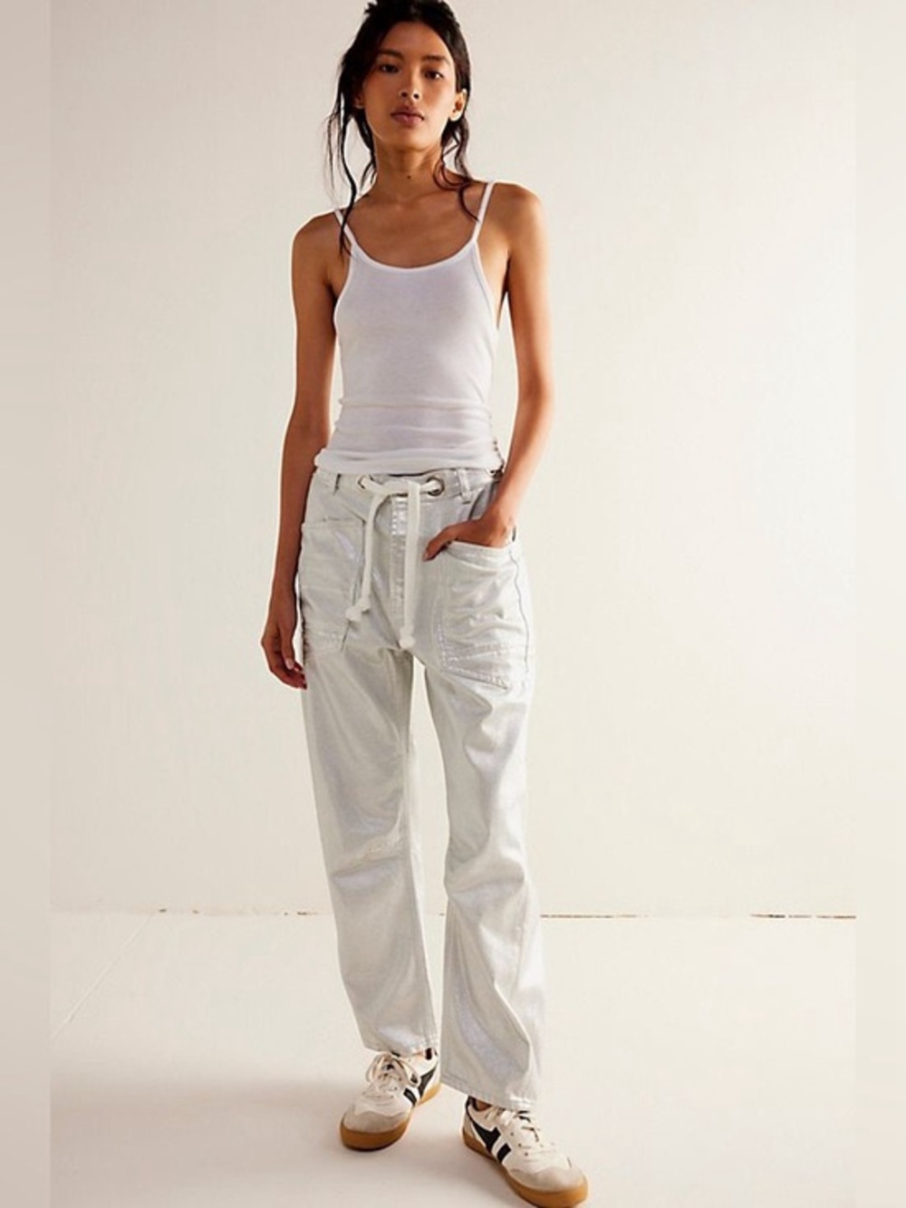 Free People Moxie Silver Metallic Low-Slung Barrel Jeans, NWOT